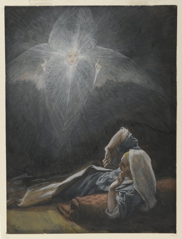 Tissot’s painting shows Joseph reclining with an arm raised across his face as a luminous winged figure appears above him.