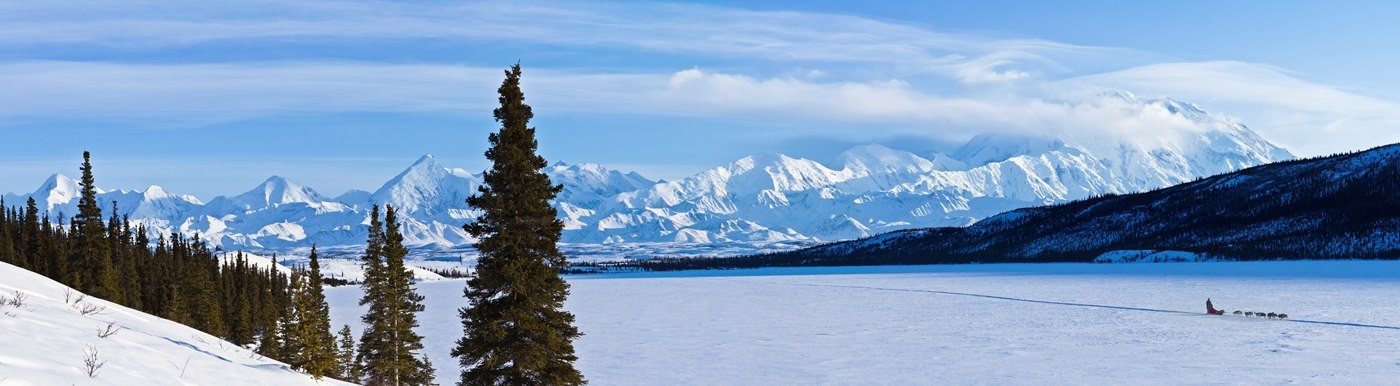 A dog team mushes across a snowy, frozen lake. Mount McKinley and many snow-covered mountains are visible in the distance.